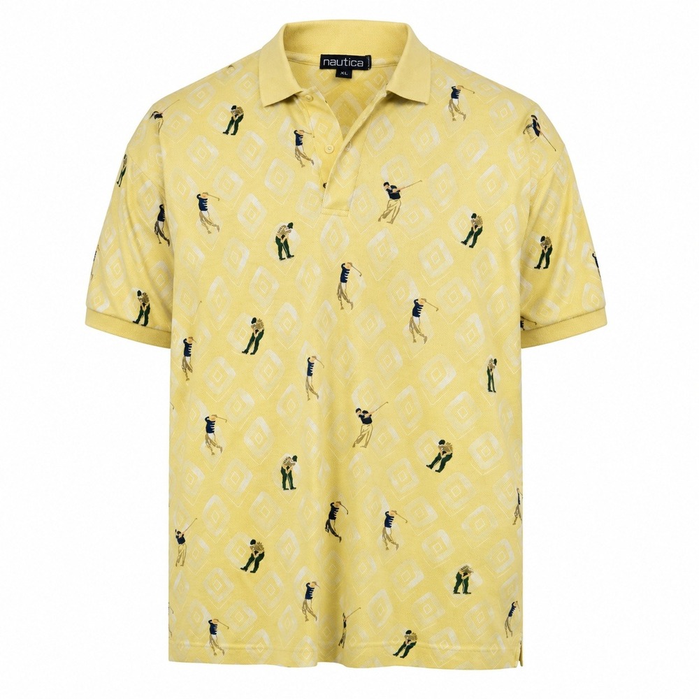 Nautica Mens XL Pima Cotton Polo Shirt Yellow All Over Golf Print Geometric Vtg